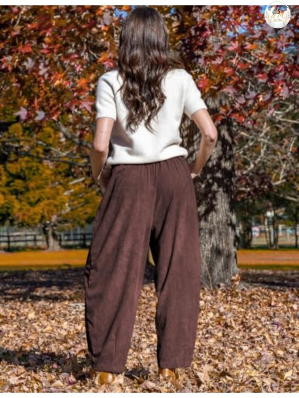 Corduroy High Waist Wide Leg Pants Drawstring Elastic Waist Side Pockets - Picture 4 of 6